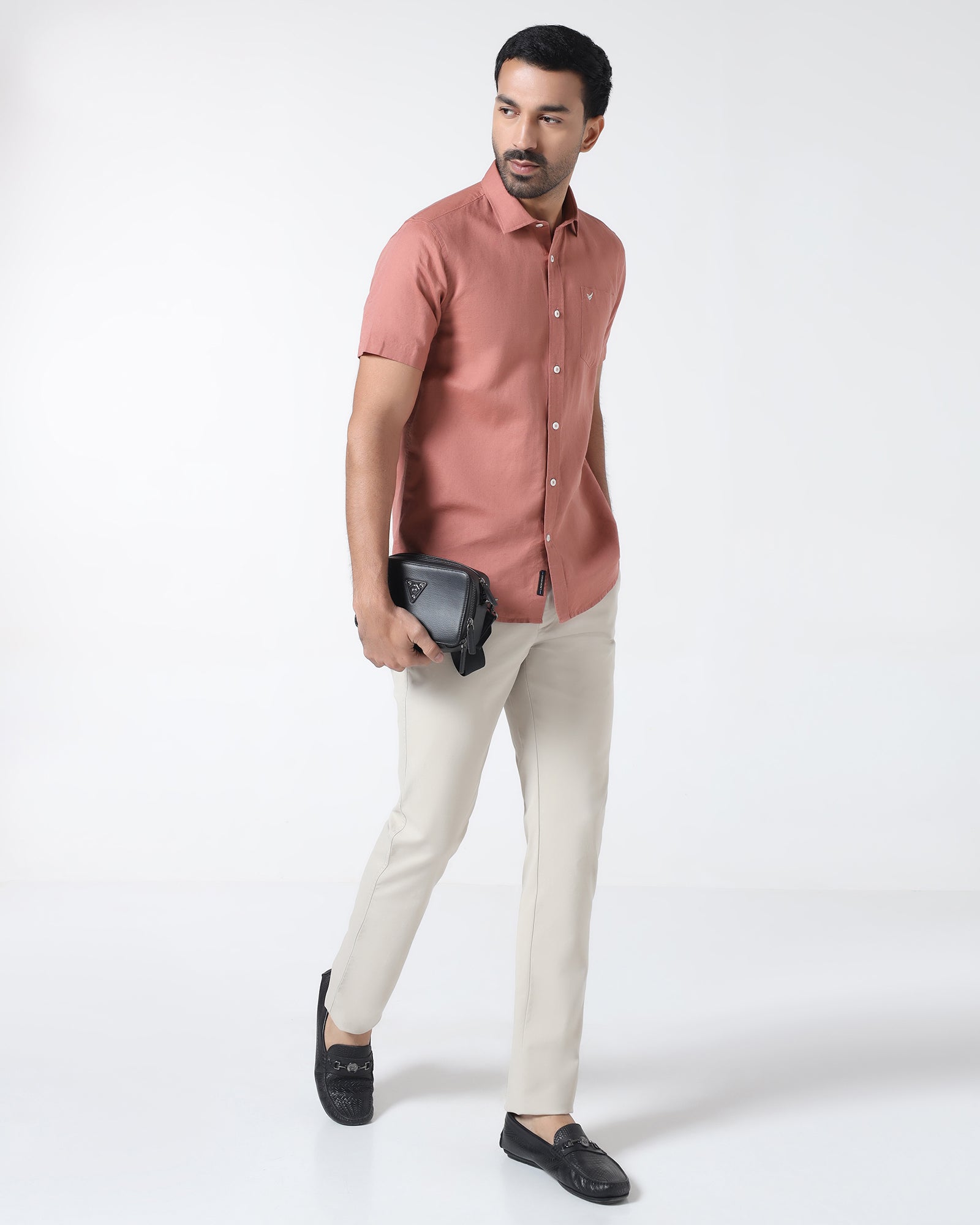 Peach Half Sleeve Linen Solid Shirt - Cleo