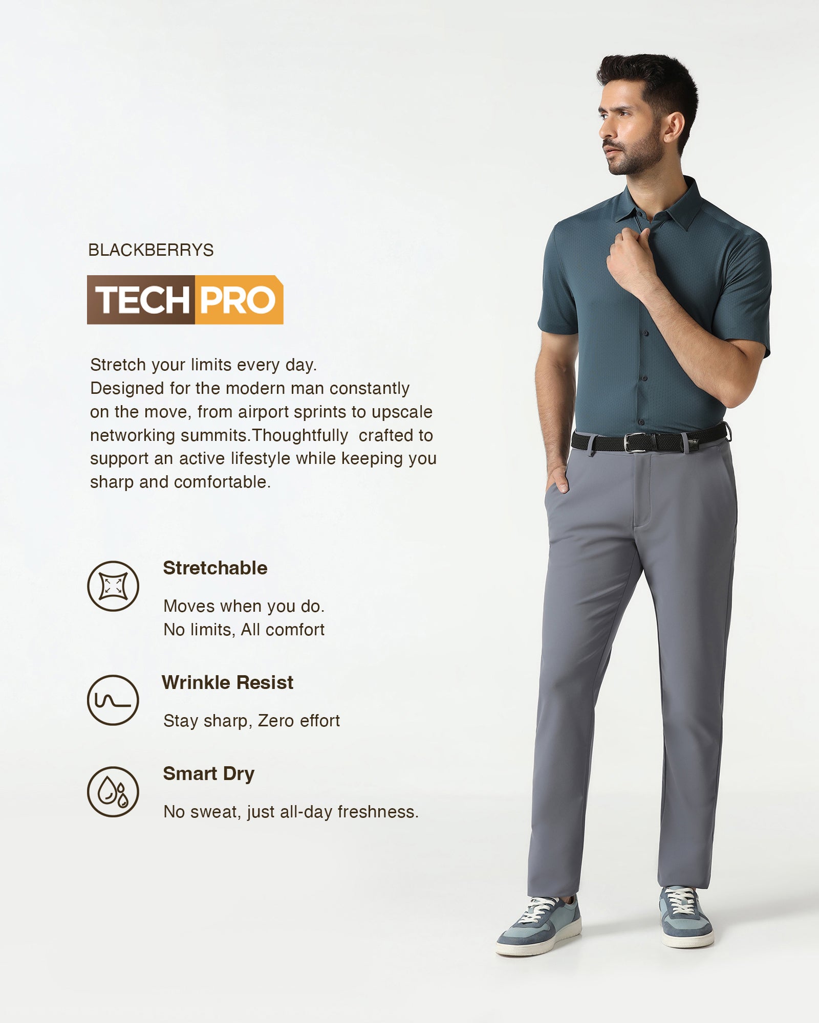 Petrol Blue Half Sleeve TechPro Textured Shirt - Hurton