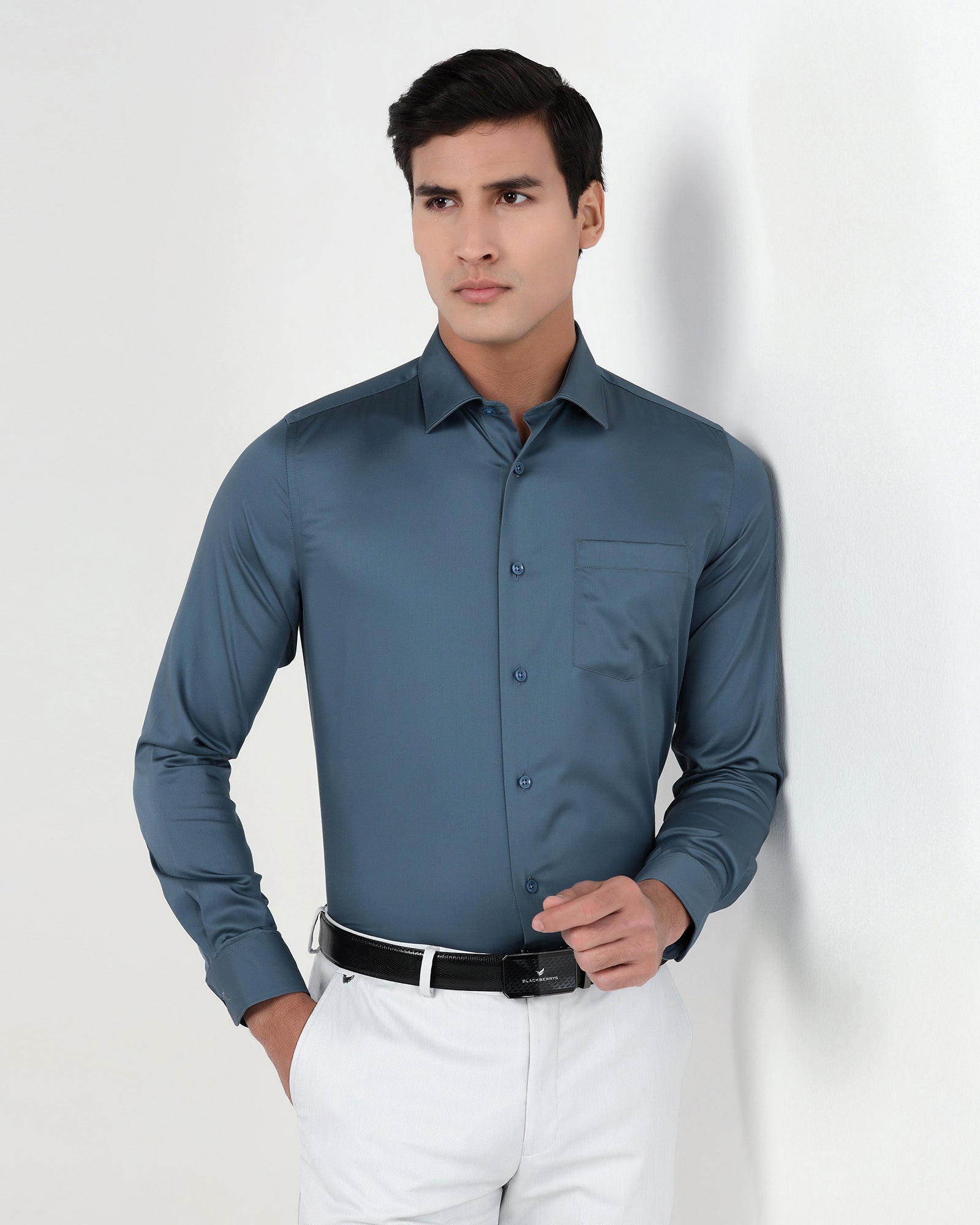Petrol Blue Unwrinkle Solid Shirt - Sylvia