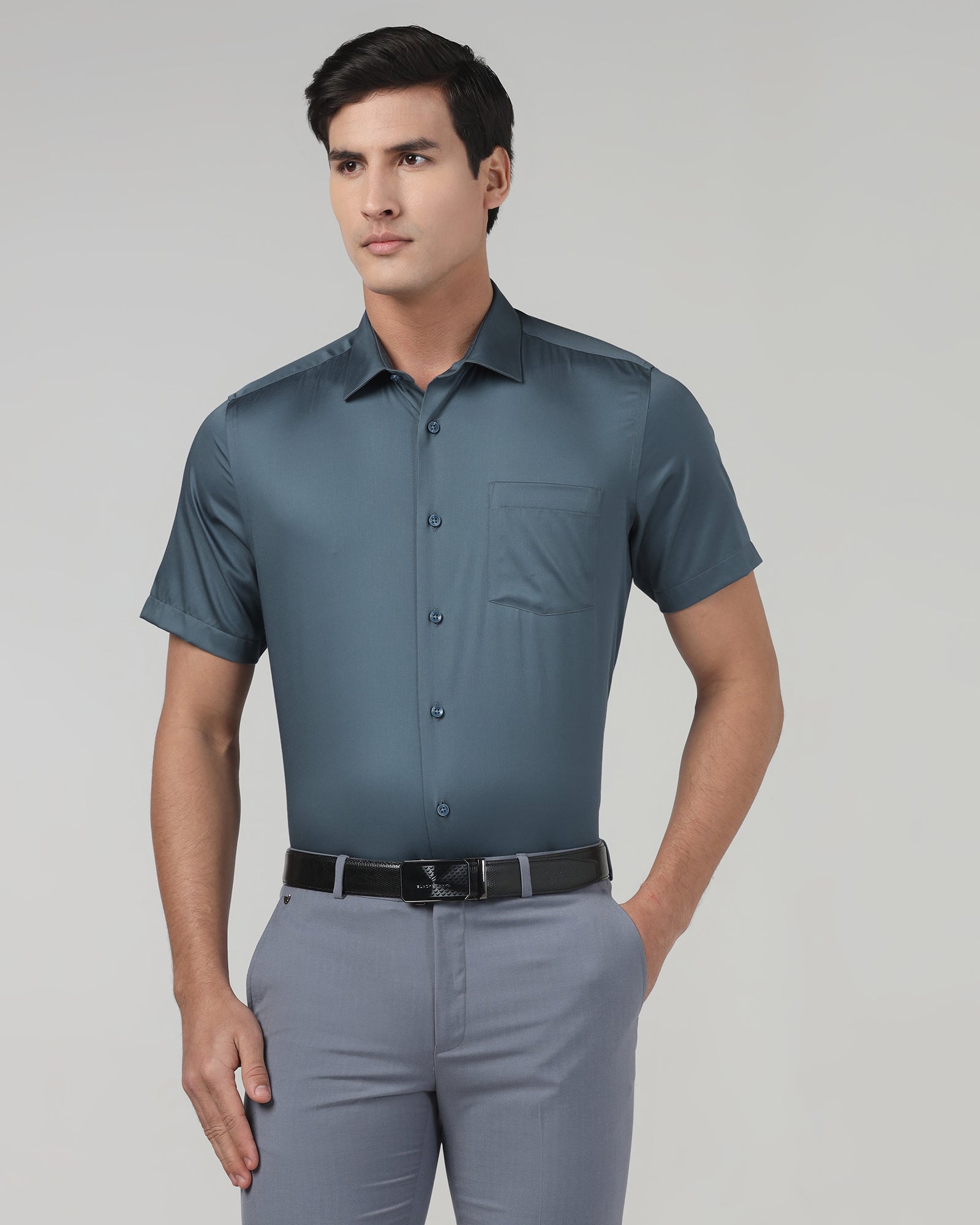 Petrol Blue Half Sleeve Unwrinkle Solid Shirt - Sylvia