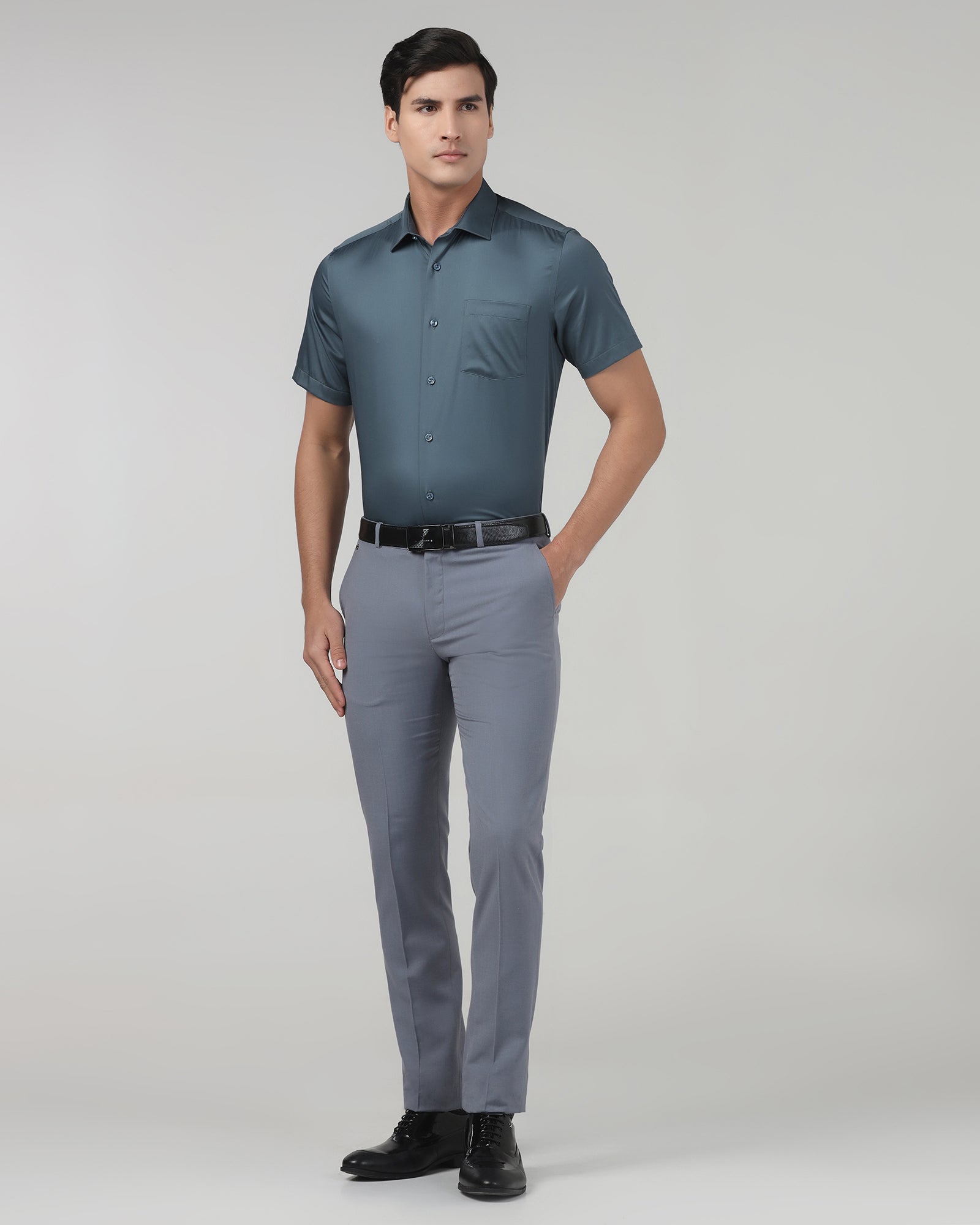 Petrol Blue Half Sleeve Non Iron Solid Shirt - Sylvia