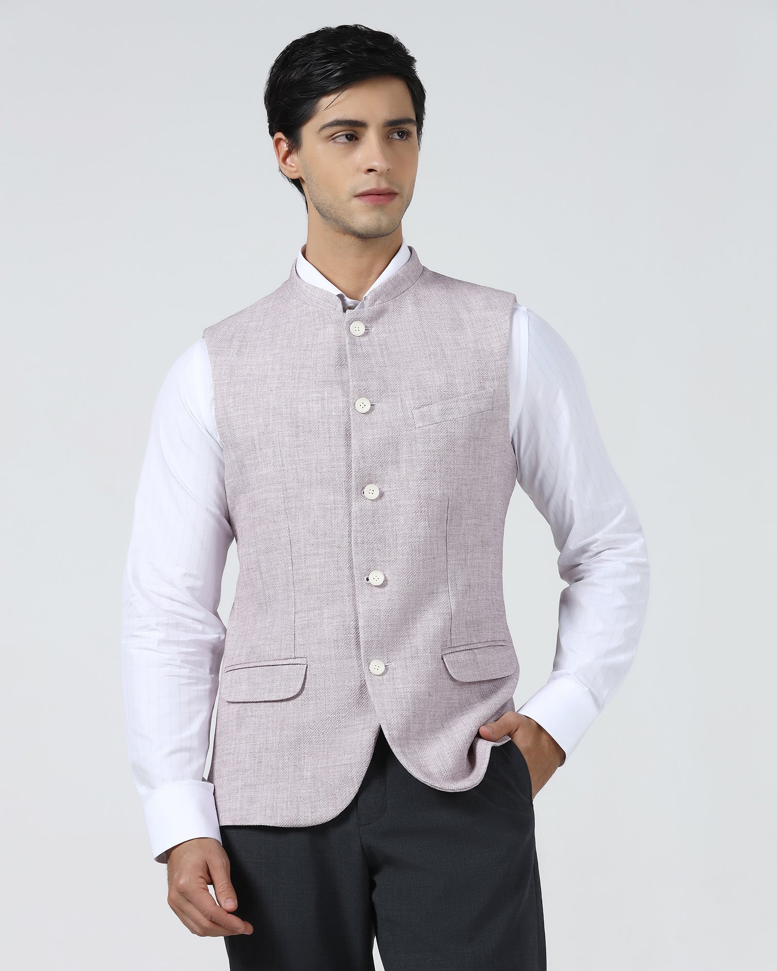 Pink Bandhgala Textured Waistcoat - Cadens