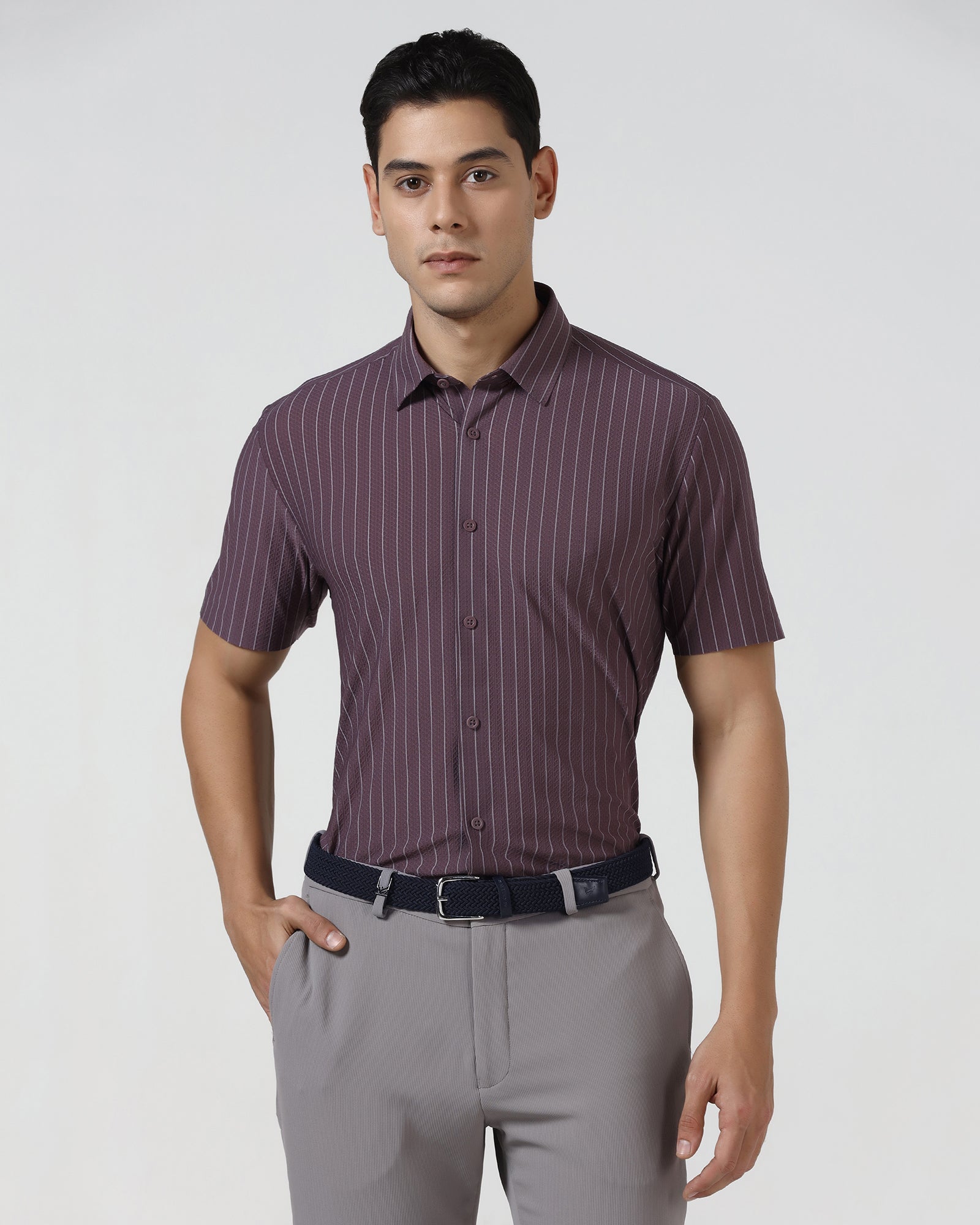 Plum Half Sleeve TechPro Stripe Shirt - Hyphen