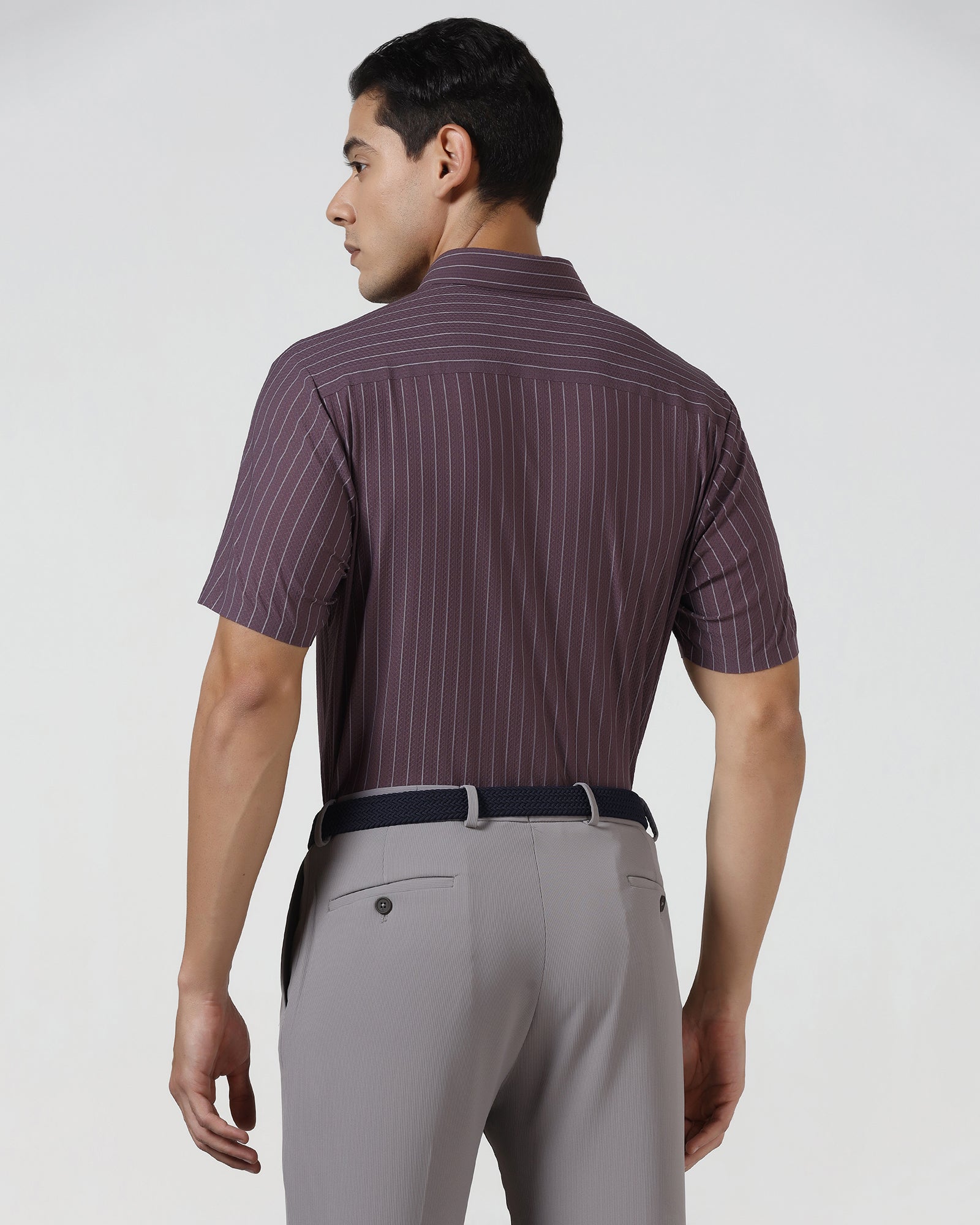 Plum Half Sleeve TechPro Stripe Shirt - Hyphen