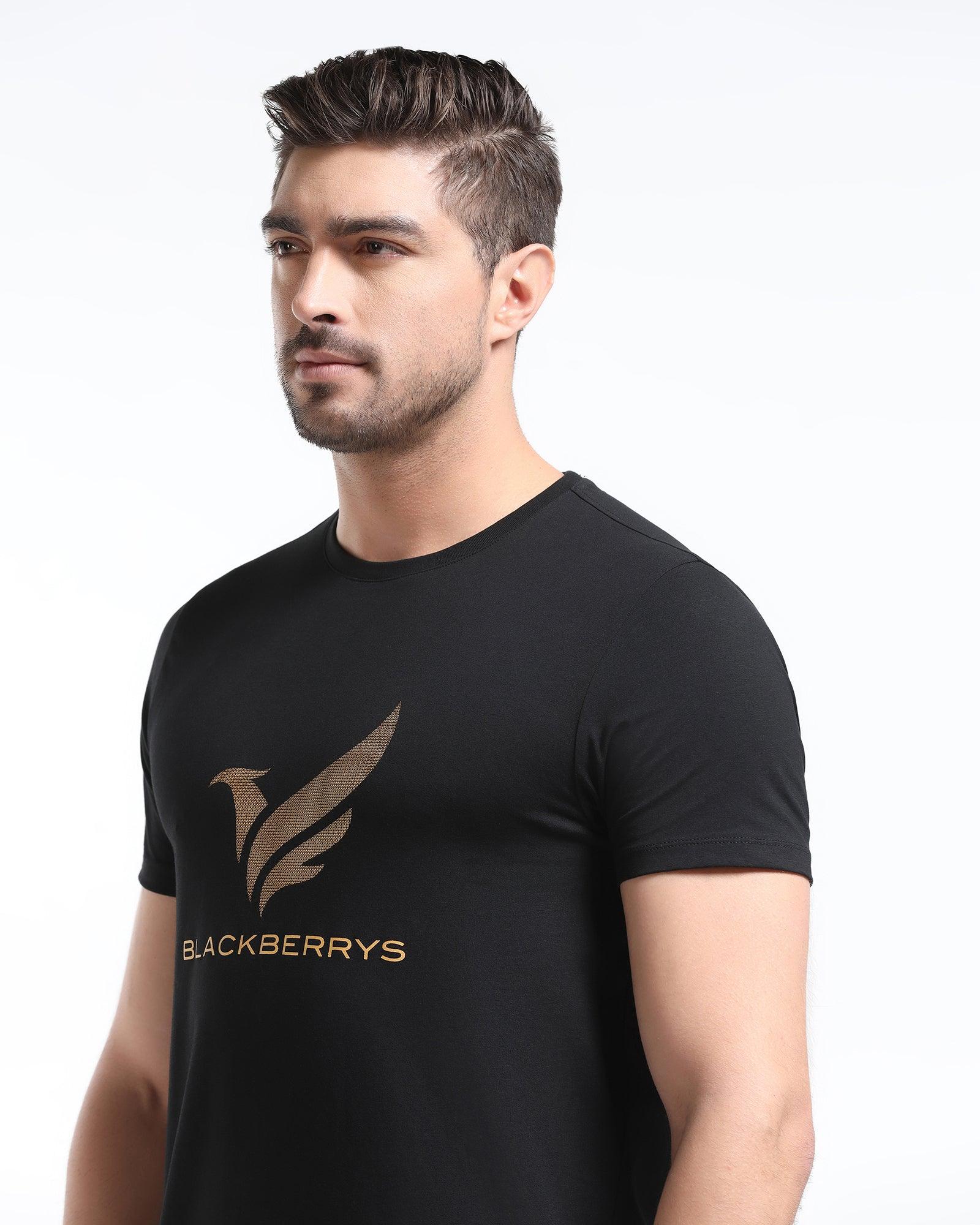 Crew Neck Black Solid T-Shirt - Sequin