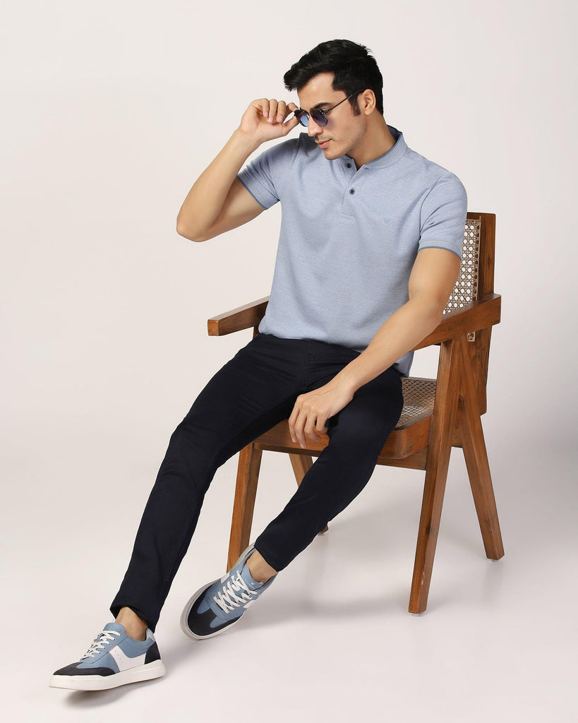 Mandarin Collar Blue Solid T-Shirt - Fredy