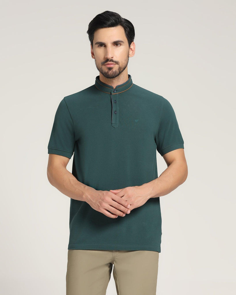 Mandarin Collar Forest Green Solid T-Shirt - Mortal