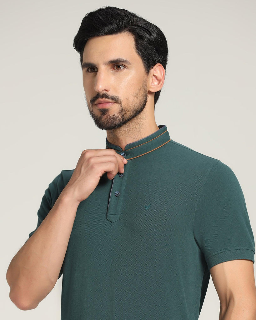 Mandarin Collar Forest Green Solid T-Shirt - Mortal