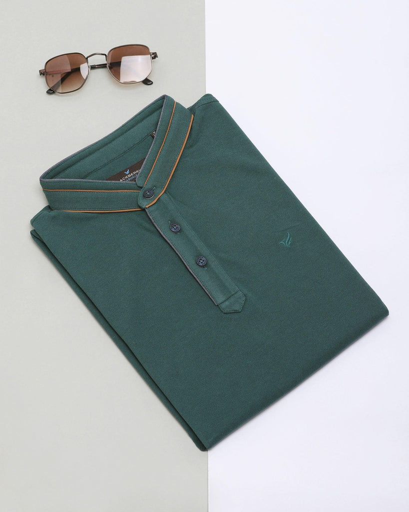 Mandarin Collar Forest Green Solid T-Shirt - Mortal