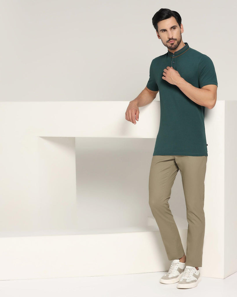 Mandarin Collar Forest Green Solid T-Shirt - Mortal