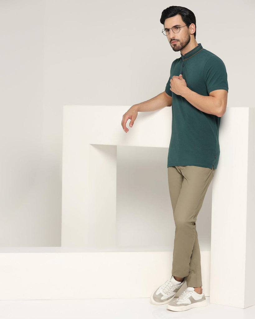 Mandarin Collar Forest Green Solid T-Shirt - Mortal