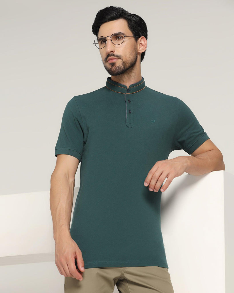 Mandarin Collar Forest Green Solid T-Shirt - Mortal