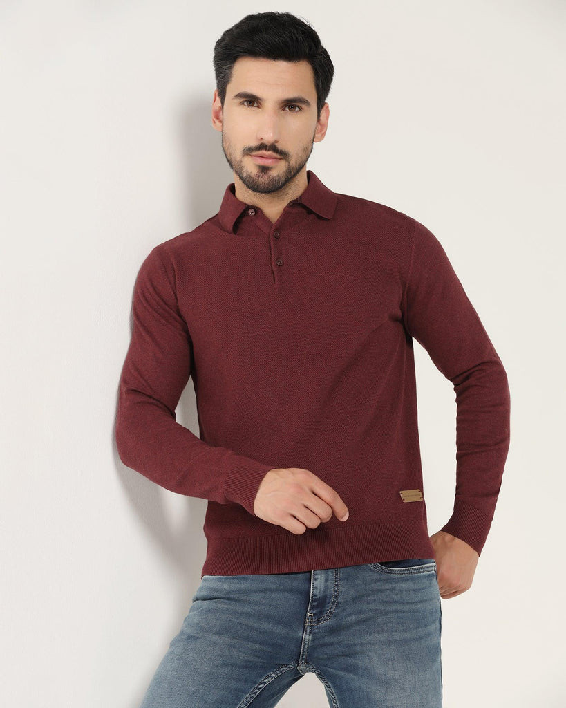 Polo Neck Maroon Solid Sweater - Jill