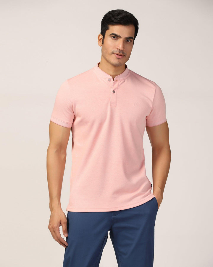 Mandarin Collar Pink Solid T-Shirt - Fredy