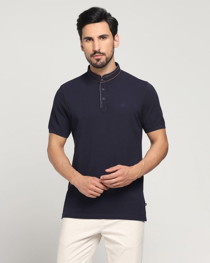 Mandarin Collar Navy Solid T-Shirt - Mortal