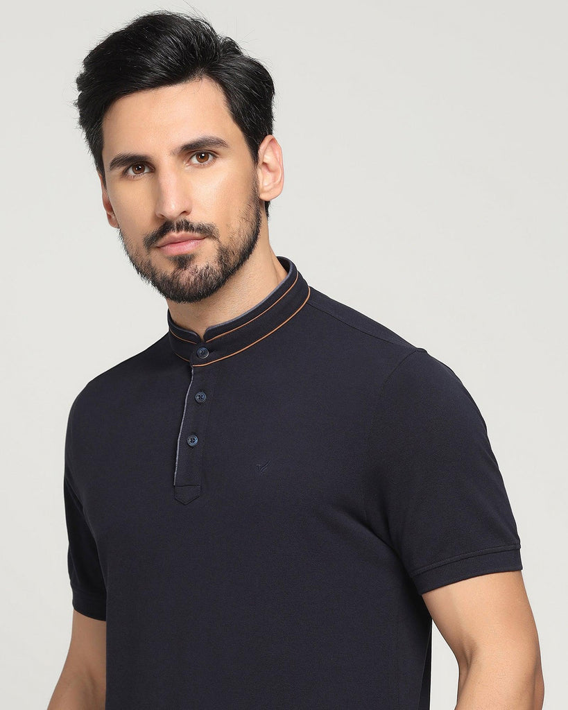 Mandarin Collar Navy Solid T-Shirt - Mortal