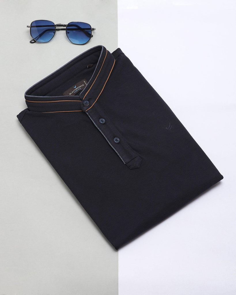 Mandarin Collar Navy Solid T-Shirt - Mortal