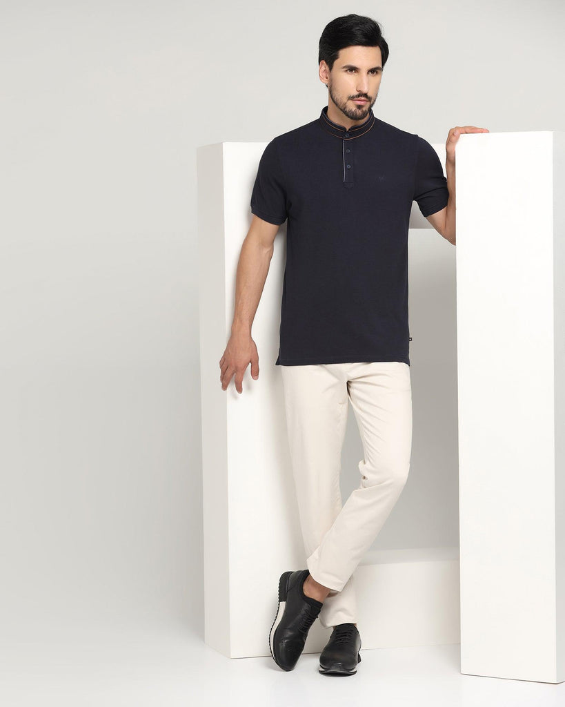 Mandarin Collar Navy Solid T-Shirt - Mortal