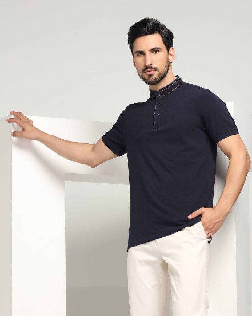 Mandarin Collar Navy Solid T-Shirt - Mortal