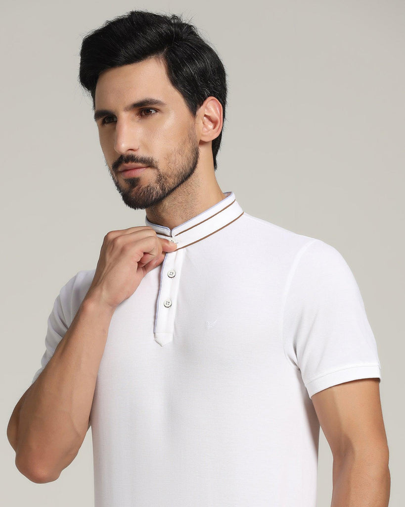 Mandarin Collar White Solid T-Shirt - Mortal