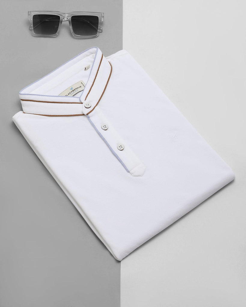 Mandarin Collar White Solid T-Shirt - Mortal