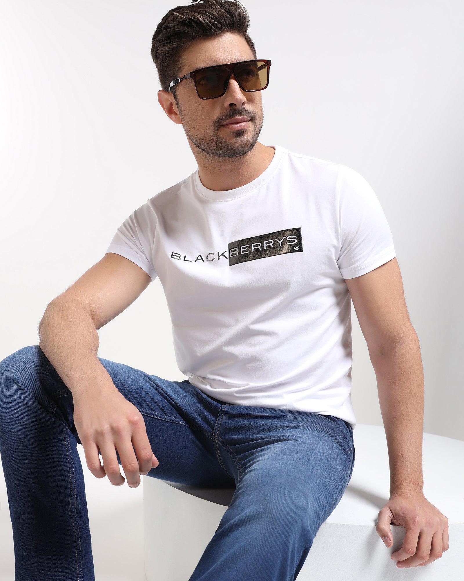 Crew Neck White Solid T-Shirt - Salsa