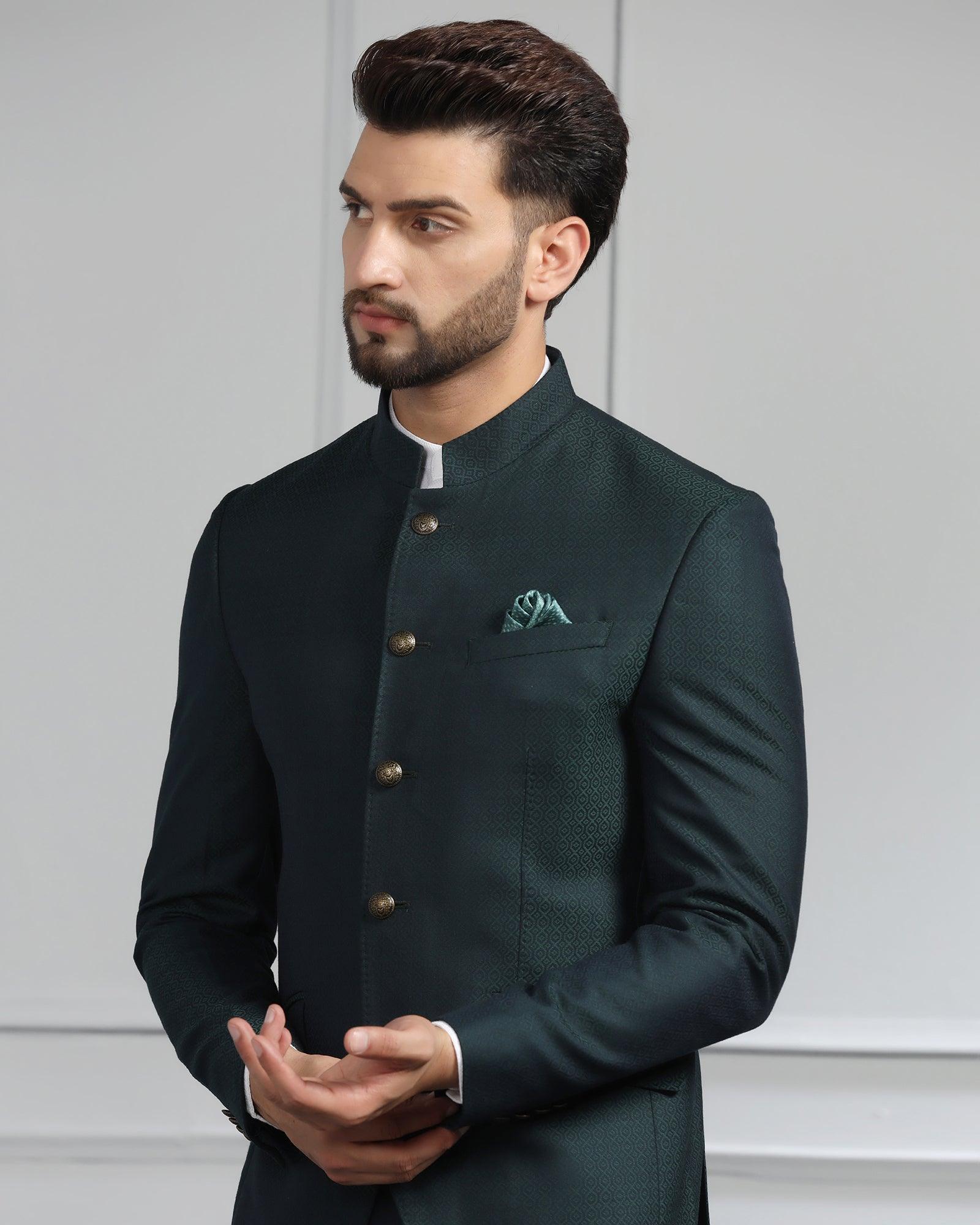 Two Piece Emerald Green Printed Formal Suit - Hellium