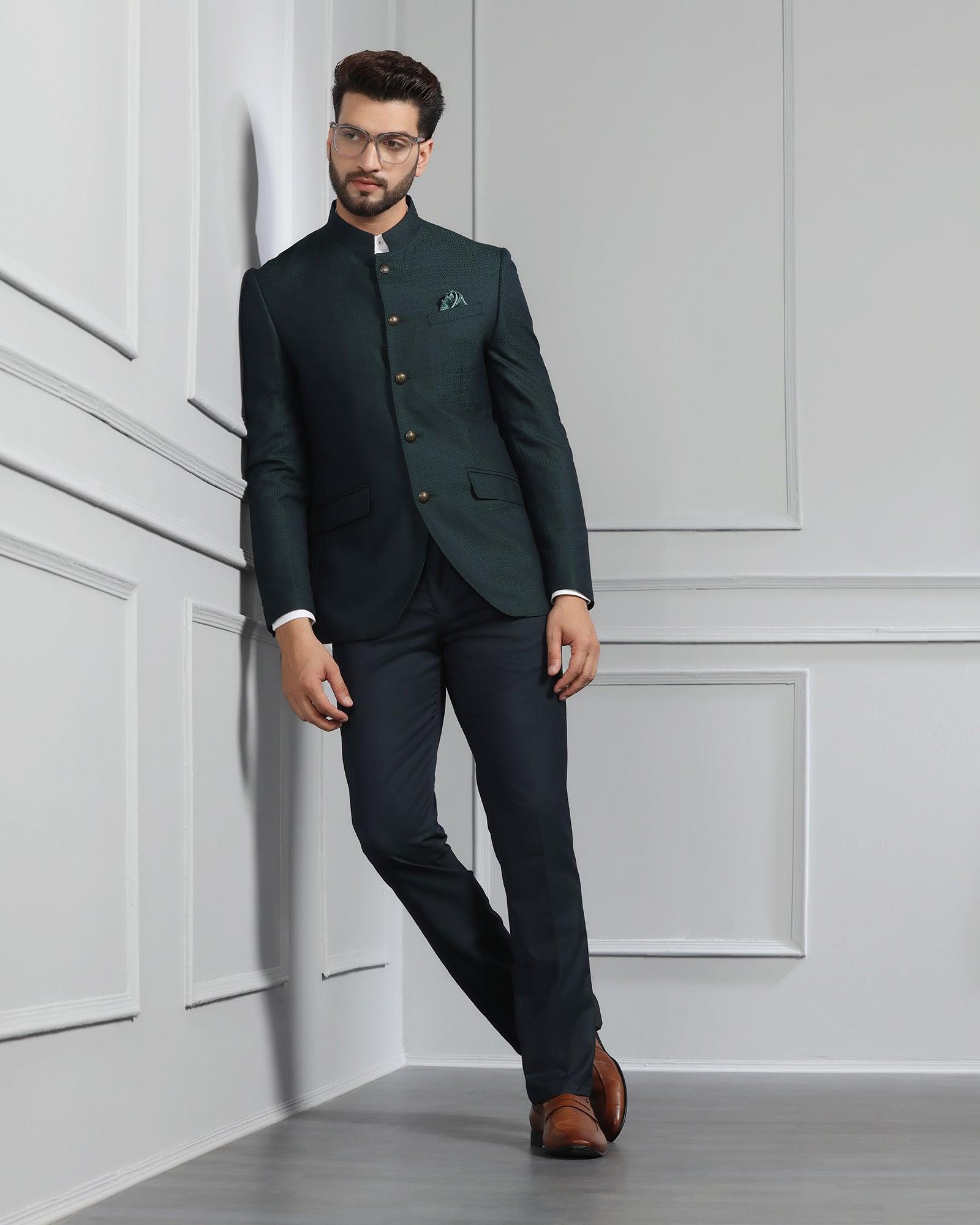 Two Piece Emerald Green Printed Formal Suit - Hellium