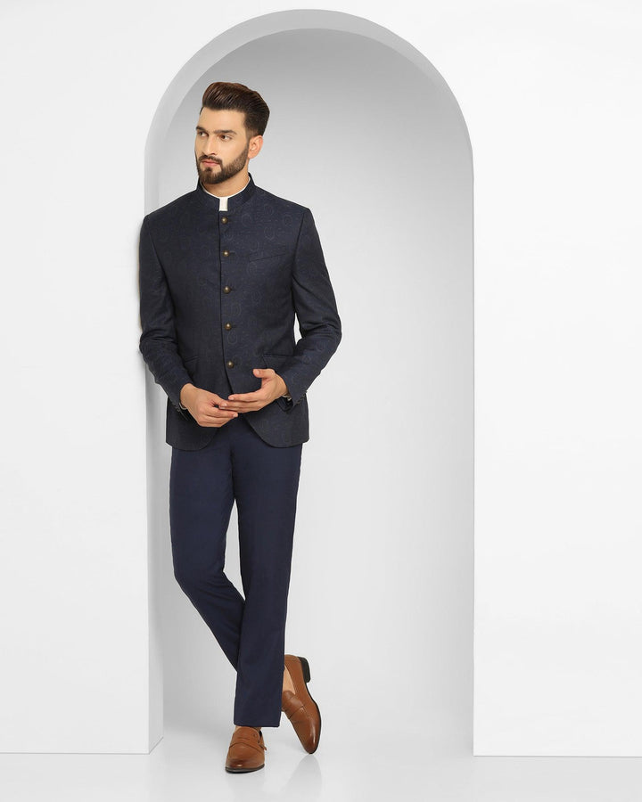 Bandhgala Two Piece Navy Printed Formal Suit - Edward