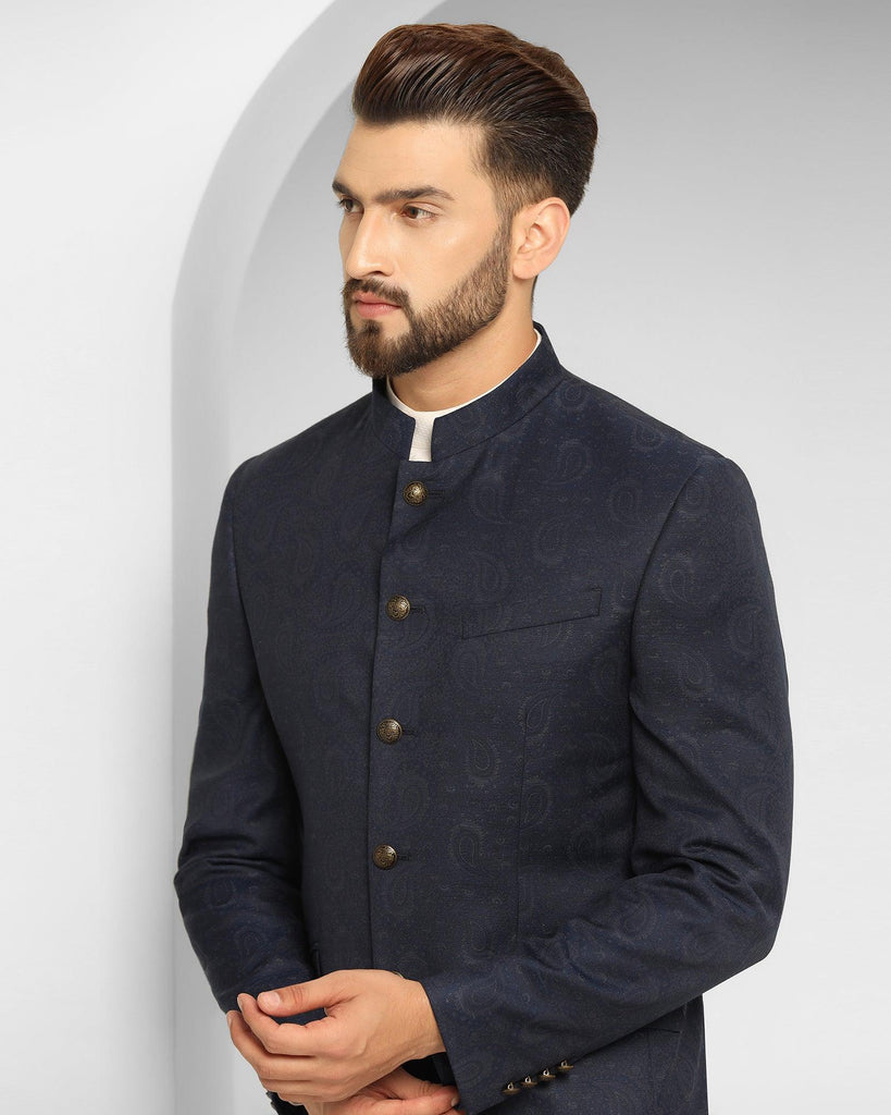 Bandhgala Two Piece Navy Printed Formal Suit - Edward