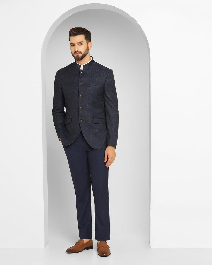 Bandhgala Two Piece Navy Printed Formal Suit - Edward