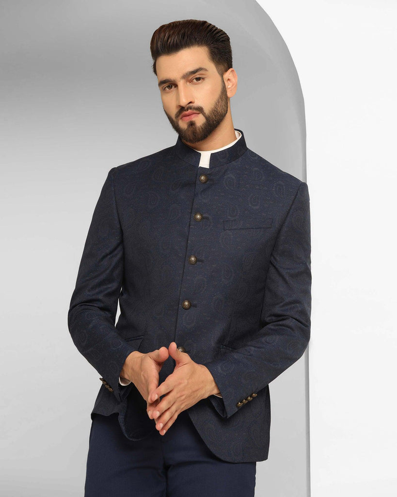 Bandhgala Two Piece Navy Printed Formal Suit - Edward