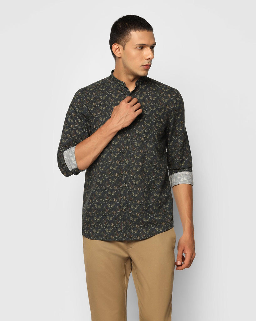 Linen Casual Olive Printed Shirt - Junichi