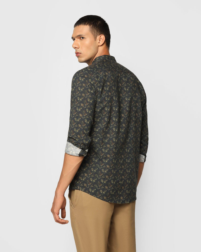 Linen Casual Olive Printed Shirt - Junichi