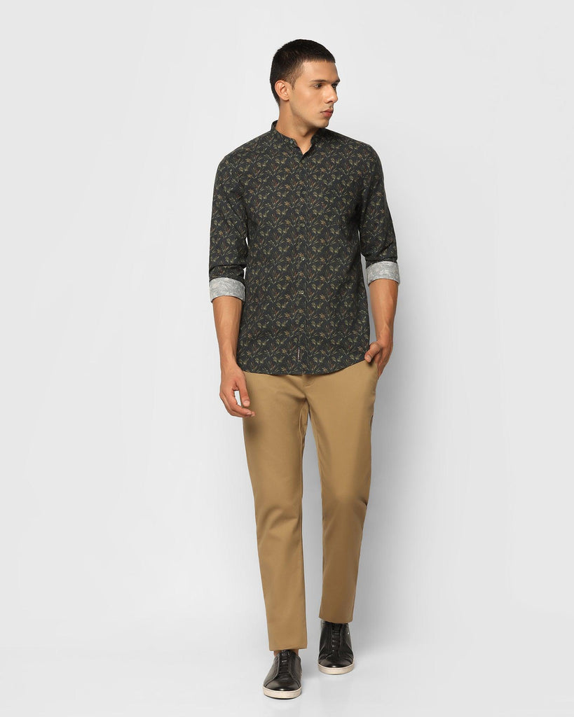 Linen Casual Olive Printed Shirt - Junichi