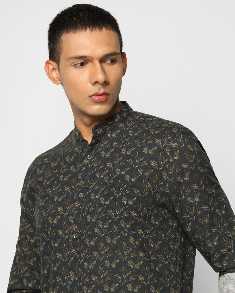 Linen Casual Olive Printed Shirt - Junichi