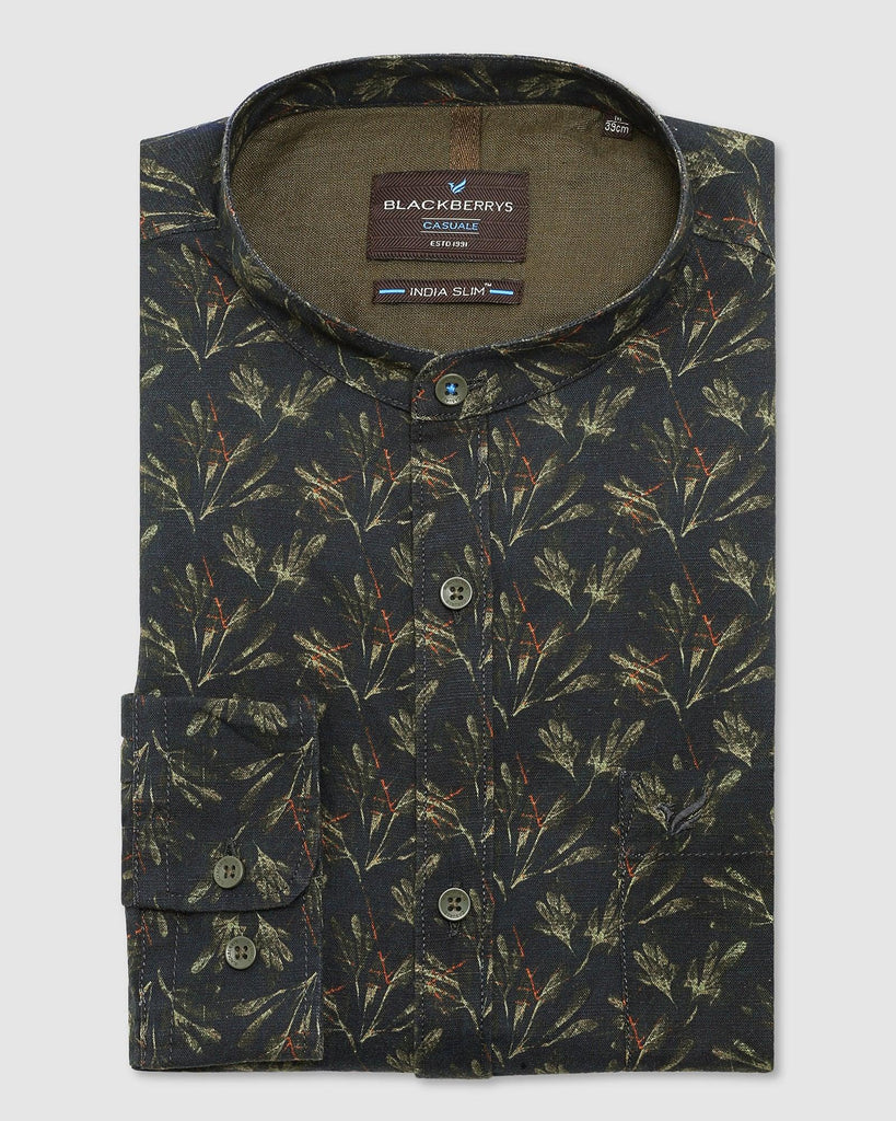 Linen Casual Olive Printed Shirt - Junichi