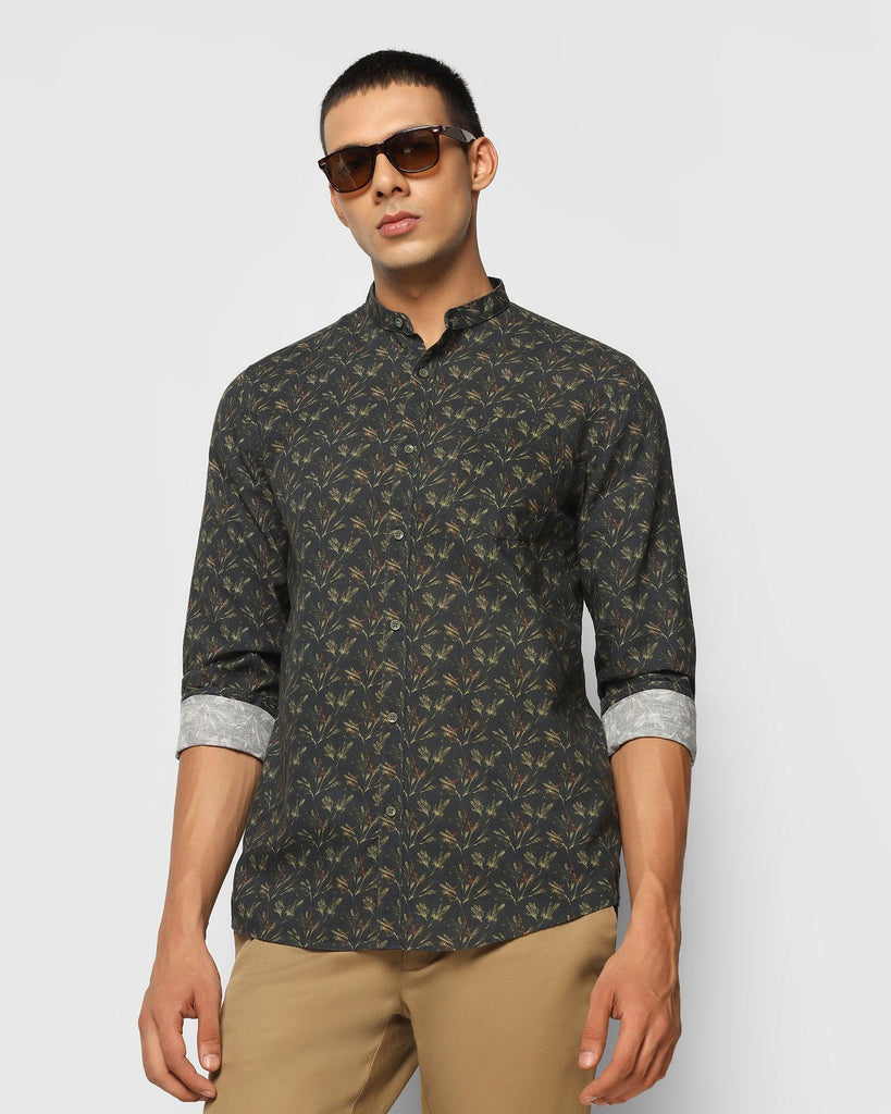 Linen Casual Olive Printed Shirt - Junichi