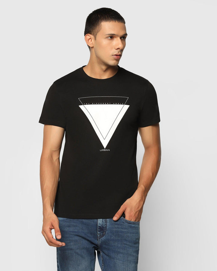 Crew Neck Black Printed T-Shirt - Mesh