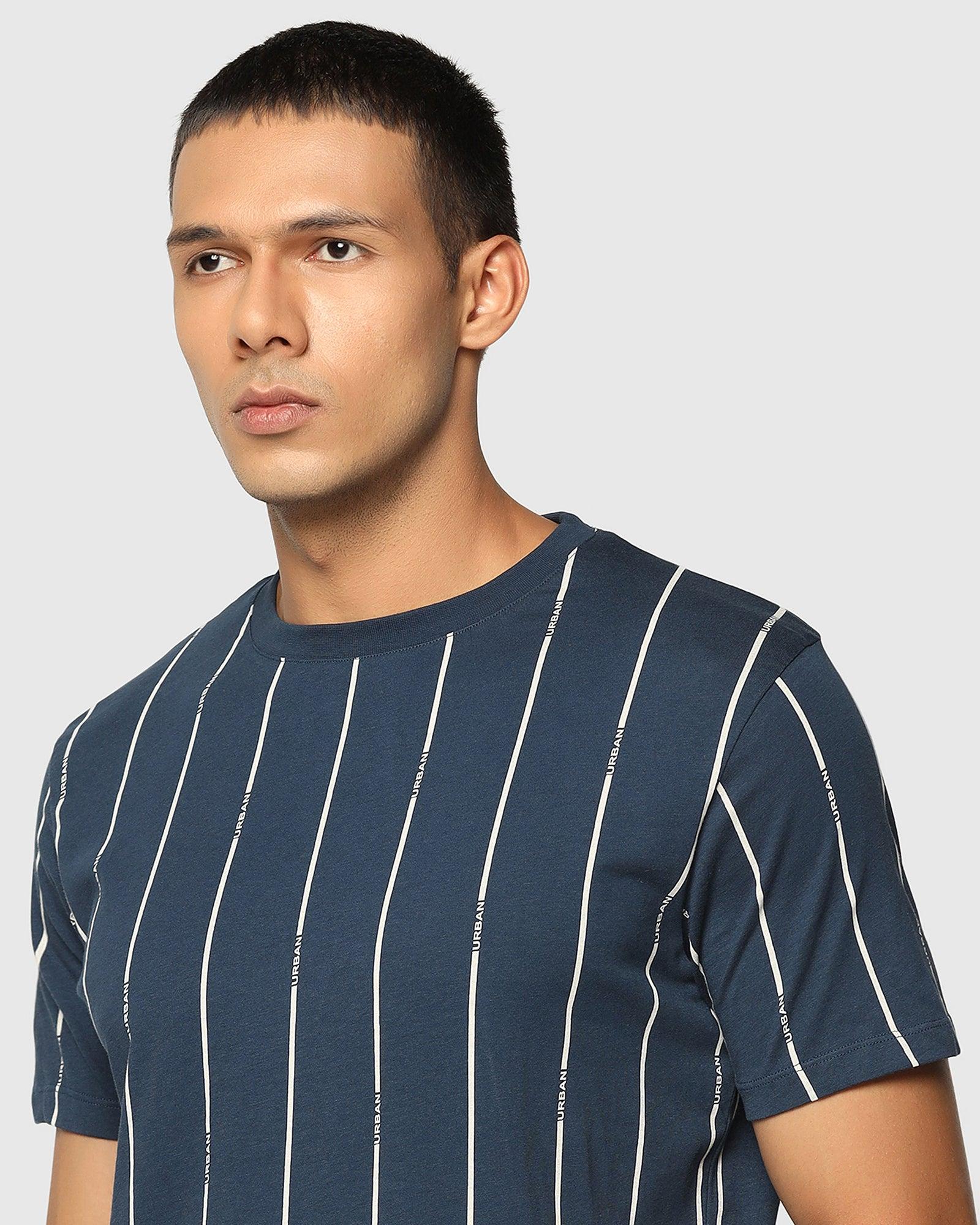 Crew Neck Deep Blue Striped T Shirt - Matrix