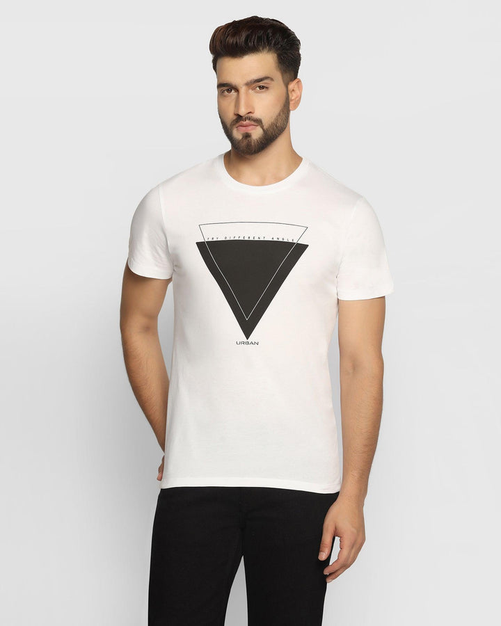 Crew Neck White Printed T-Shirt - Mesh