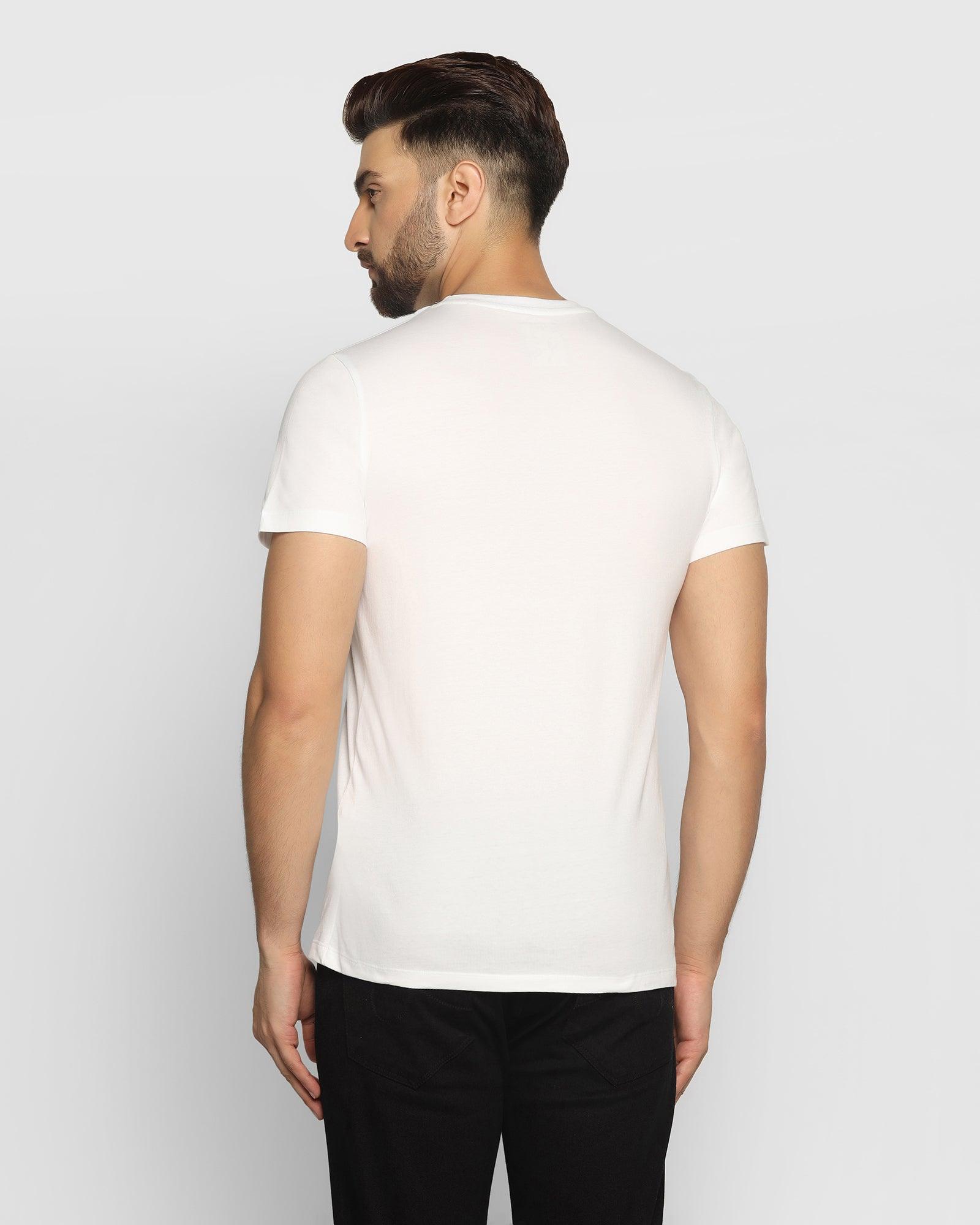 Crew Neck White Printed T Shirt - Mesh