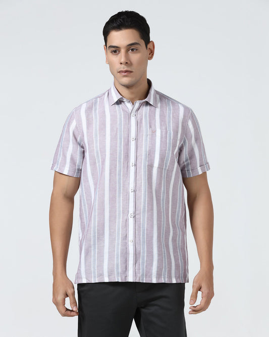 Purple Half Sleeve Linen Stripe Shirt - Junel