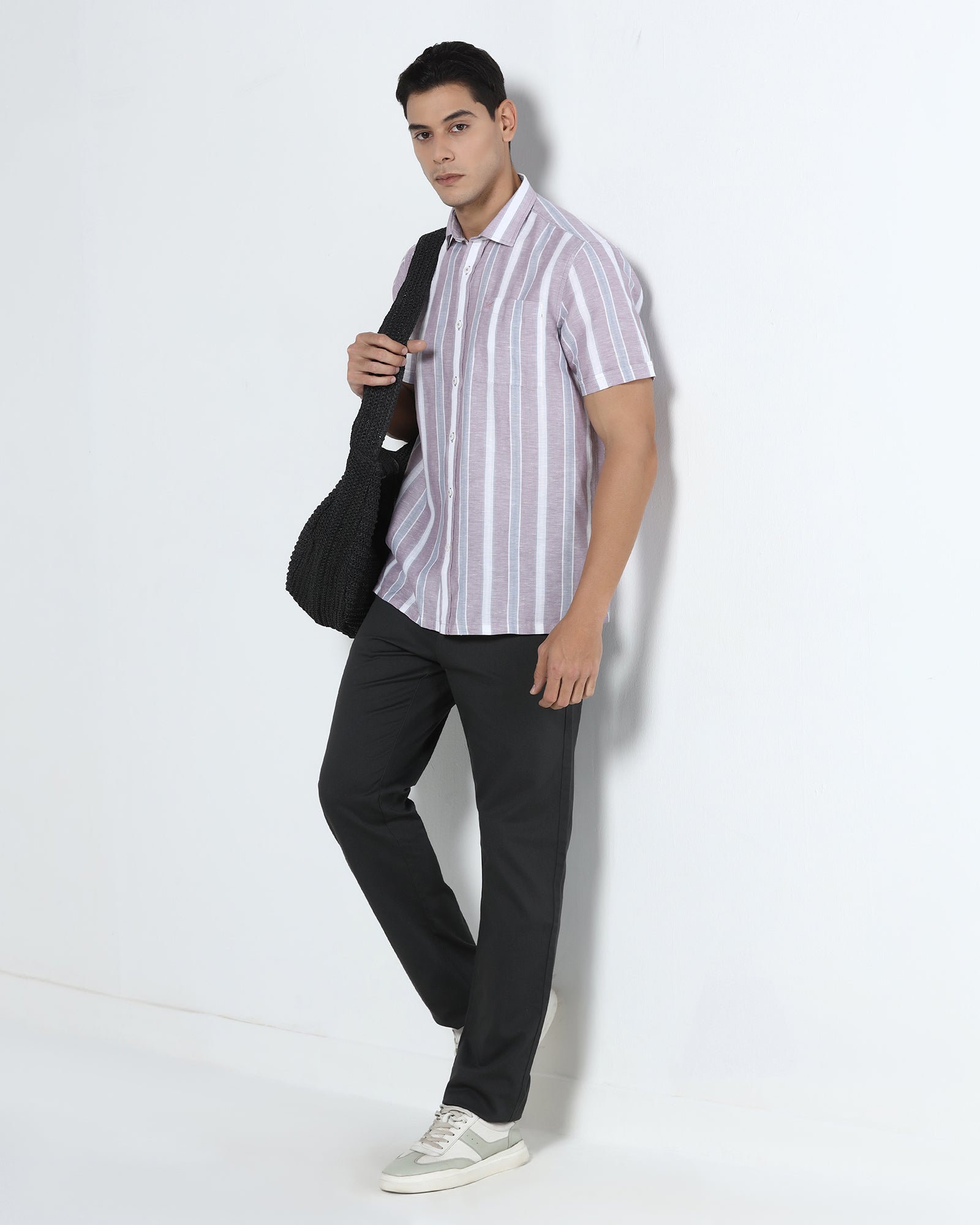 Purple Half Sleeve Linen Stripe Shirt - Junel