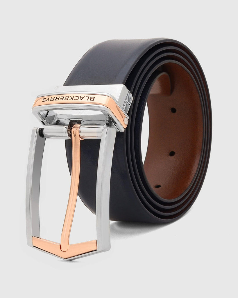 Leather Reversible Tan & Navy Solid Belt - Tuna