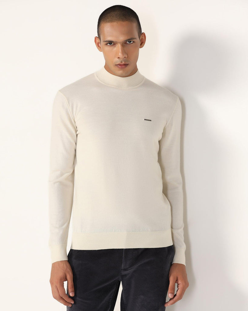 Round Neck Off White Solid Sweater - Jester