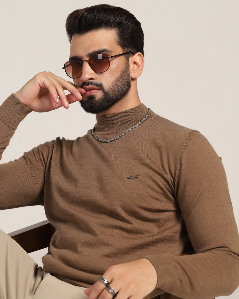 Round Neck Tobacco Brown Solid Sweater - Jester