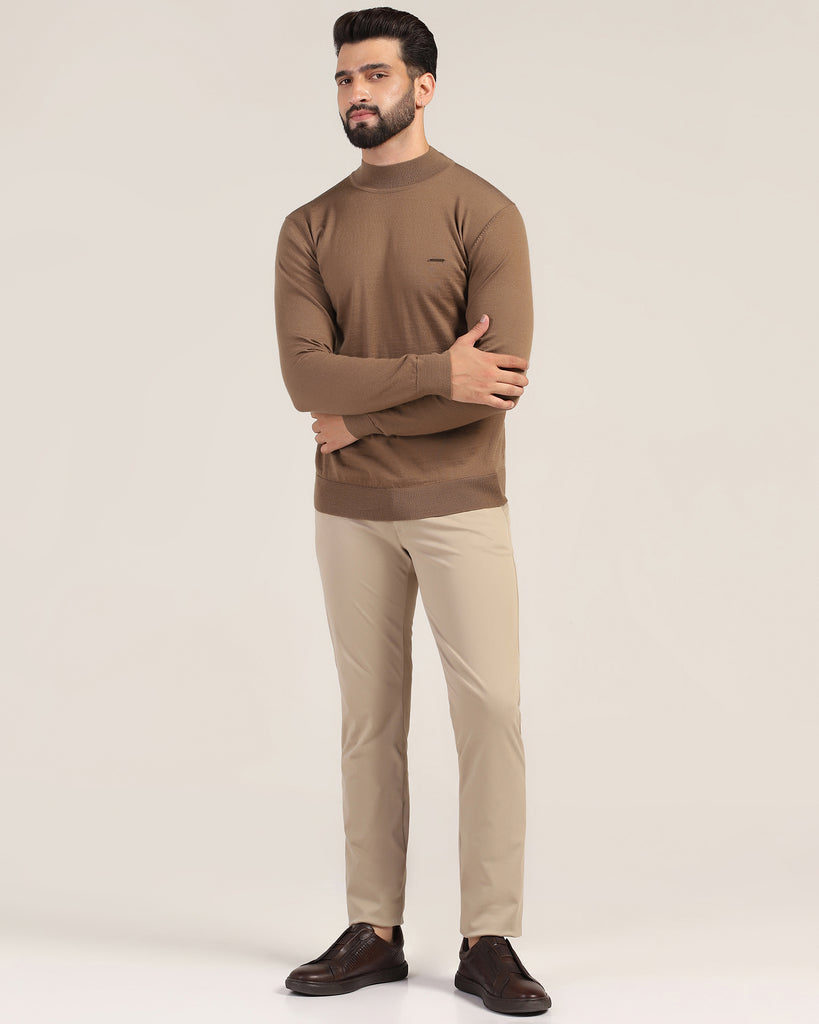 Round Neck Tobacco Brown Solid Sweater - Jester