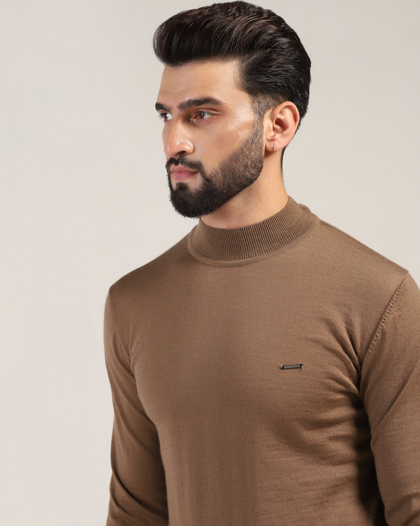 Round Neck Tobacco Brown Solid Sweater - Jester