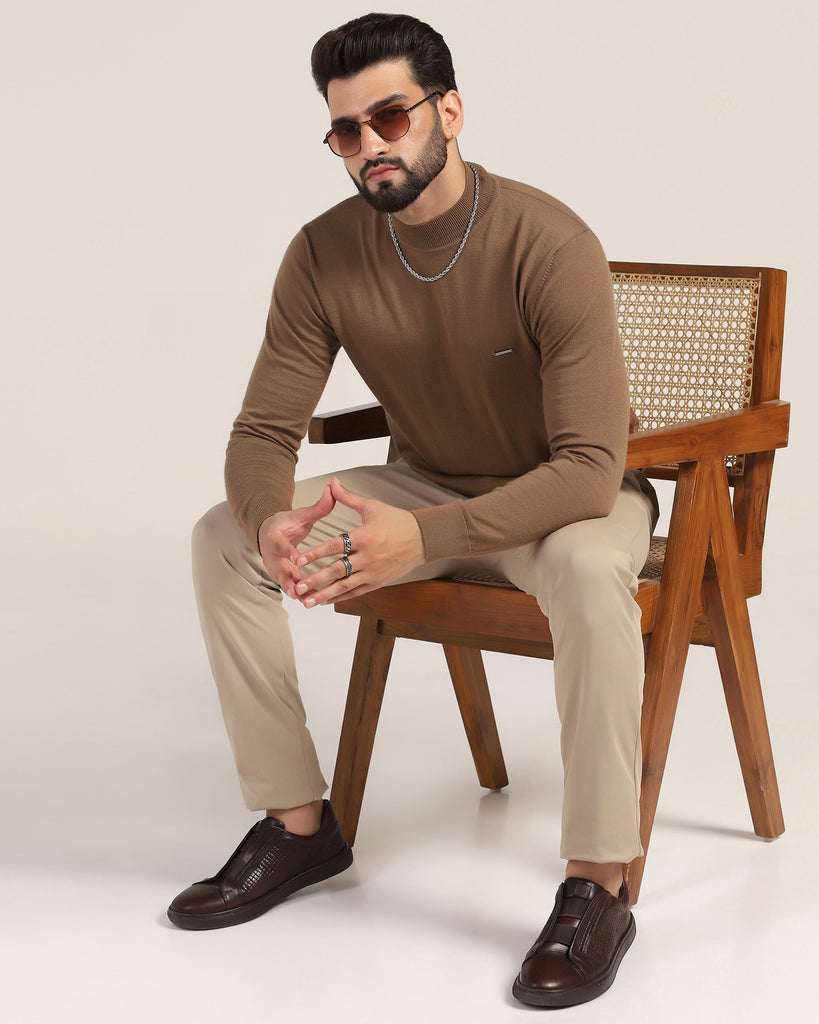 Round Neck Tobacco Brown Solid Sweater - Jester